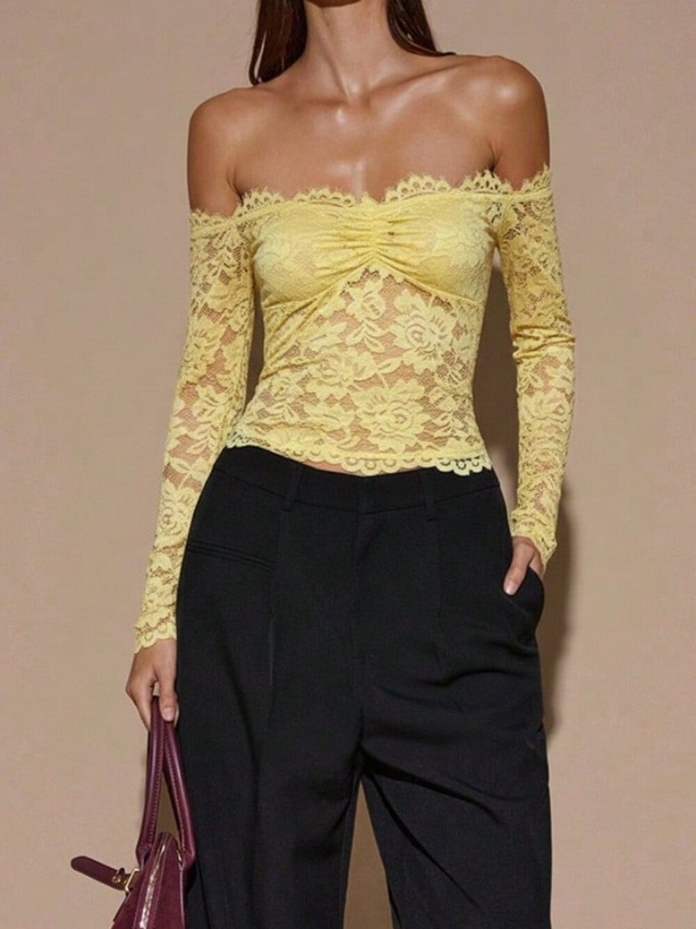Yellow Elegant Women's Lace Off-Shoulder Long Sleeve Top - Picture 4 of 5